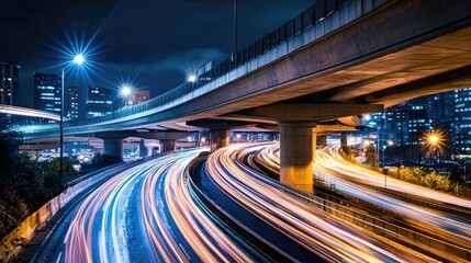 Poster - Captivating Nighttime Urban Scene with Vibrant Light Trails from Moving Vehicles on a Multi-Lane Highway Surrounded by Modern Buildings Under a Dark Sky