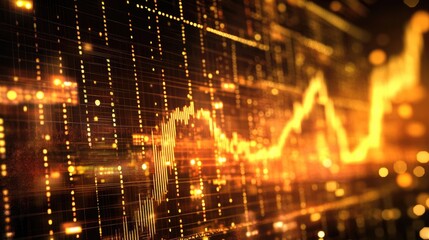 Poster - Dynamic Golden Upward Trend Graph with Bright Points and Data Visualization Elements in a Digital Financial Background