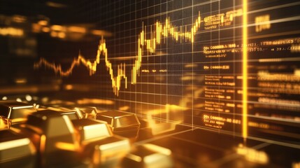 Poster - Golden Bars and Financial Graphs Displaying Economic Growth in a Stock Market Environment with Digital Data Visualization