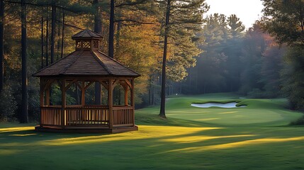 Wall Mural - Sunrise illuminates a wooden gazebo on a lush green golf course, nestled within a tranquil pine forest.