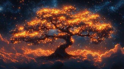 Leinwandbilder -   A luminous yellow light illuminates a solitary tree amidst the star-studded sky