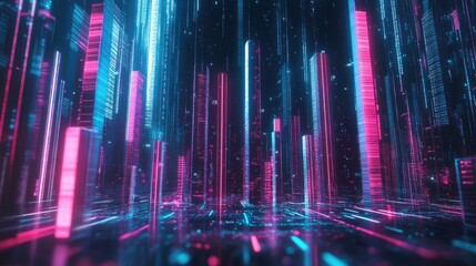Poster - Futuristic Neon Cityscape with Glowing Skyscrapers and Digital Elements in a Starry Night Background for High-Tech Visuals and Innovative Concepts