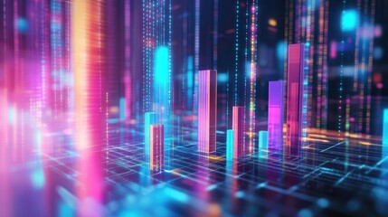 Poster - Abstract Digital Visualization of Data with Vibrant Colors and 3D Graphs Representing Growth, Technology, and Analytics in a Futuristic Environment