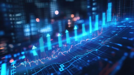 Poster - Futuristic Digital Data Visualization with Rising Graphs and Bright Blue Arrows Against a Cityscape Background Representing Growth and Success in Finance and Technology