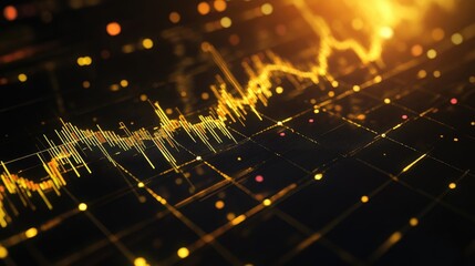 Poster - Abstract Digital Visualization of Financial Market Trends with Glowing Line Graphs and Data Points Representing Financial Analysis and Trading Activity in a Dark Space