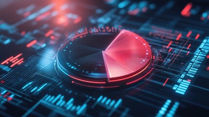 Poster - Futuristic Data Visualization with Circular Chart and Digital Indicators in Red and Blue, Representing Technology and Analysis in a High-Tech Environment