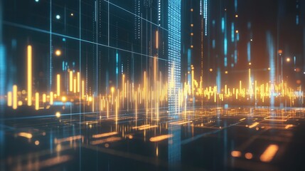 Poster - Abstract Representation of Digital Waveforms and Data Visualizations in a Futuristic Environment with Vibrant Lines and Illuminated Squares
