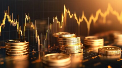 Poster - Golden Coins Stacked on a Financial Chart Background with Rising Graphs and Currency Symbols Depicting Investment and Economic Growth in a Vibrant Setting