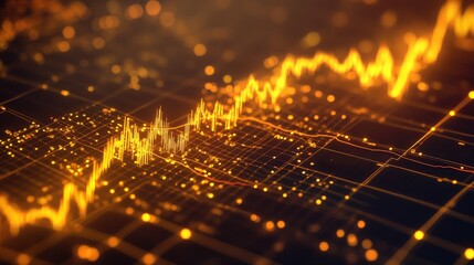 Poster - Abstract Financial Data Visualization with Dynamic Golden Graph and Light Particles Representing Market Trends and Data Analysis in a Modern Digital Environment