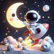 © Marek49 - Cute Astronaut Riding Rocket Catching Moon Cartoon, 3d Generative AI