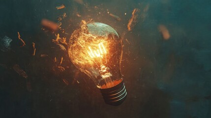 Poster - Shattered Light Bulb with Glowing Filament Illuminating Dark Background in Abstract Artistic Concept of Broken Ideas and Creativity