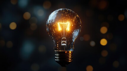 Poster - Brightly Glowing Light Bulb Illuminating in a Dark Environment Creating an Impressive Visual Concept with Sparkling Particles and Bokeh Effect