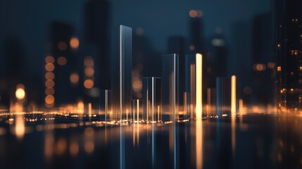 Poster - Futuristic Cityscape with Abstract Light Towers and Reflections in a Vibrant Night Scene Highlighting Modern Architecture and Urban Atmosphere
