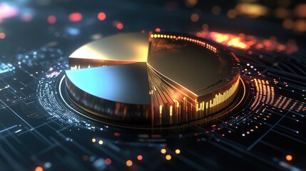 Poster - Modern Data Visualization with Metallic Pie Chart on Digital Background Featuring Light Effects, Data Streams, and Futuristic Design Elements