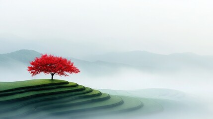 Wall Mural -   A single red tree atop a green hill, amidst the haze of a foggy valley, surrounded by majestic mountains