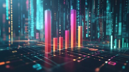 Poster - Vibrant Financial Data Visualization with Colorful Bar Charts and Digital Elements Representing Growth and Technology in a High-Tech Environment