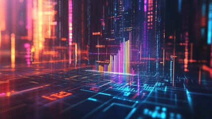 Poster - Abstract futuristic digital landscape with glowing data visualization, neon lights, and colorful bars representing financial growth and technology trends in an urban environment