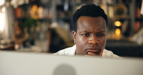 Poster - Student, man and thinking by computer in home for research solution, university essay and problem solving. Education, black person and confused with proposal planning or elearning assessment at night