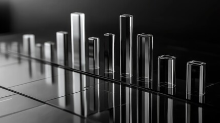  - Transparent modern glass bar graph on a dark reflective surface, symbolizing data analysis, growth, and financial performance in a professional setting