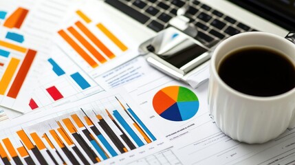 Poster - Business Analysis with Colorful Charts and Graphs on Documents Next to a Laptop and Coffee Cup for Data-Driven Decision Making in Modern Workplace