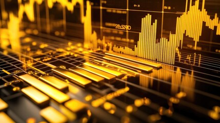 Poster - Abstract representation of financial data analysis with golden bars and dynamic charts illustrating market trends and statistical fluctuations in a digital environment