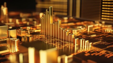 Poster - Abstract visualization of digital data represented by golden geometric structures on a circuit board, symbolizing technology, finance, and innovation in a modern digital landscape