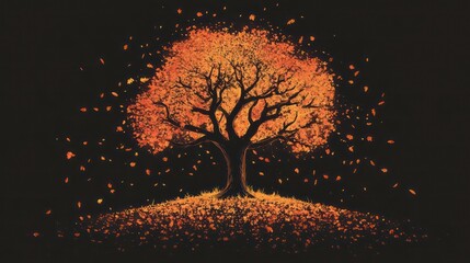 Aufkleber - Glowing autumn tree with falling leaves on dark background.