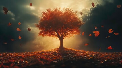 Poster - Single autumn tree with falling leaves at sunset.