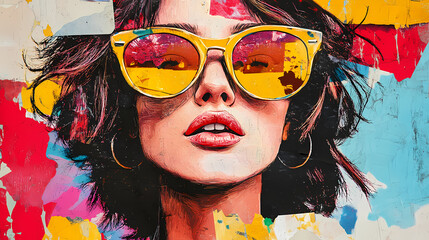 Wall Mural - Retro pop art collage of a beautiful woman on colorful paper background, female fashion model, abstract young beautiful social media trendy style wearing sunglasses. Threnody. Illustration