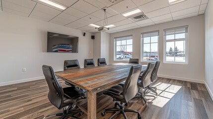 Wall Mural - A Modern Conference Room Featuring a Wooden Table, Leather Chairs, and Large Windows Offering Natural Light in a Professional Office Space
