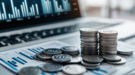 Poster - Close-Up View of Stacked Coins and Laptop Displaying Financial Data in the Background, Representing Investment, Saving, and Modern Economy Concepts