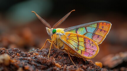 Wall Mural -   A close-up of an orange-yellow insect on top of green and brown mossy ground
