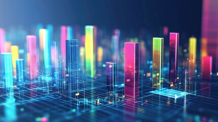 Poster - Abstract digital landscape with colorful data visualization bars representing information flow, technology, and modern design elements in vibrant hues