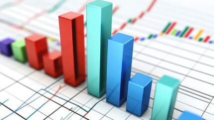 Poster - Colorful Bar Graphs on a Financial Background Representing Data Growth and Analysis with Detailed Lines and Grids for Business Insights and Presentations