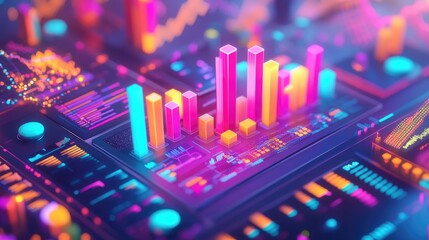 Poster - Futuristic Bright Colorful Data Visualization with 3D Graphs and Charts Representing Business Trends and Financial Analysis in a Digital Environment