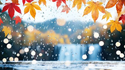 Wall Mural -   A close-up of a rain-covered window, with a waterfall in the background and autumn leaves in the foreground