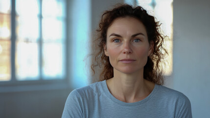 Wall Mural - Caucasian female adult with curly hair in a sunlit room