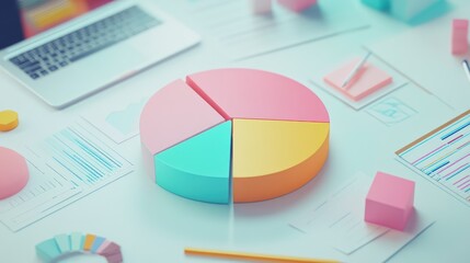 Poster - Colorful Pie Chart Surrounded by Office Supplies and Documents in a Modern Workspace Featuring Laptops, Graphs, and Stationery Items