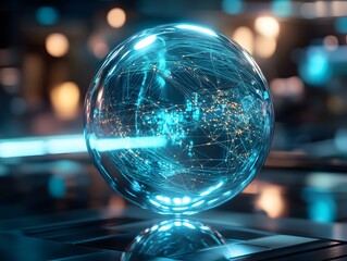 Poster - A futuristic orb displaying interconnected blue and white lines represents advanced technology and data visualization. Ideal for themes of innovation and digital transformation.