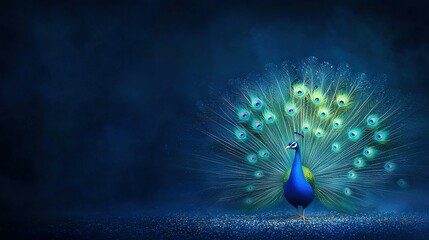   A peacock with feathers spread in front of a dark background with water droplets on its feathers