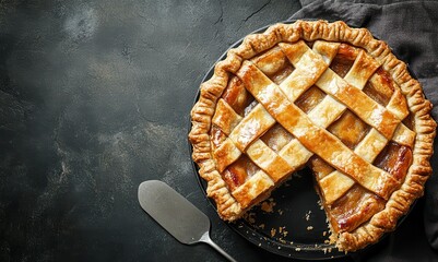 Wall Mural - Slice tasty homemade pie and present it on a dark table from above