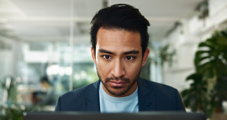 Aufkleber - Serious, laptop and reading with business man in office for journalist, article proofreading and editor. Email, news and report with employee in startup agency for online, network and project
