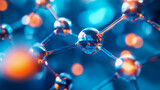 Close-up of molecular structure with blue and orange lighting