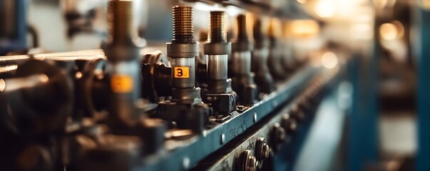 Poster - Close-up view of industrial machinery components in a factory, showcasing valves and pipes reflecting technological advancements in manufacturing processes.