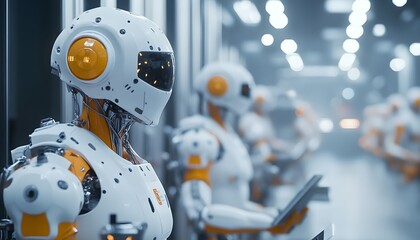 Poster - futuristic robots stand in a high-tech facility, showcasing artificial intelligence and automation. 