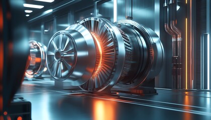 Poster - This image showcases a detailed view of a futuristic turbine engine, highlighting intricate designs and illuminated components set in a high-tech environment.