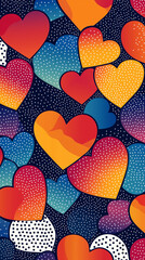 Colorful hearts creating a vibrant and romantic pattern on dark background