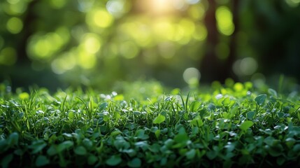 Poster - Fresh green leaves glistening in soft sunlight during early morning hours in a serene garden