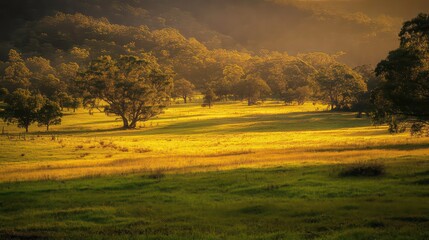 Poster - Golden hour sunlight illuminates a tranquil pastoral landscape with trees and grassy fields.
