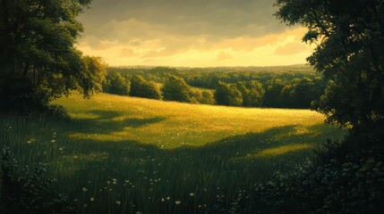 Poster - Serene sunset over a rolling green field and lush forest.
